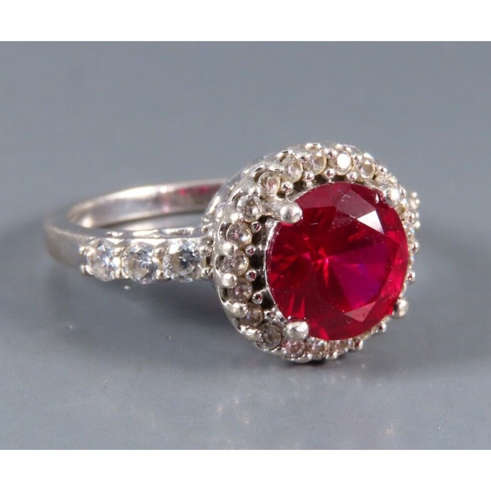 STERLING SILVER Cocktail Ring LAB CREATED DARK PINK/RED RUBY Cz Halo/Sides SZ 8